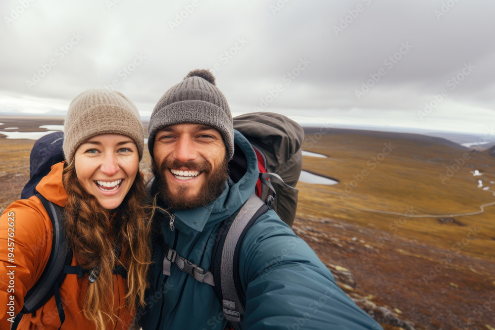 Poster couple traveler adventure portrait outdoors.