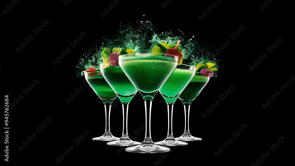 Wall mural colourful green cocktails isolated against black