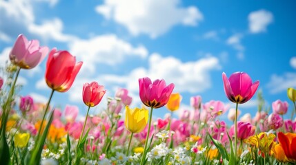 Vibrant spring flower field displaying colorful tulips under a clear blue sky