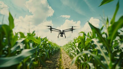 A drone hovers above a lush, green cornfield under a bright sky, capturing the essence of modern agriculture and technology integration.