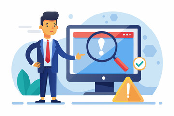 Incident management, root cause analysis or solving problem, identify risk or critical failure concept, businessman with magnifier monitor and investigate incident with exclamation attention sign. See