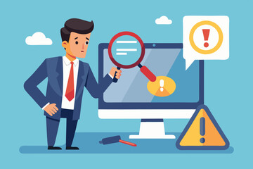 Incident management, root cause analysis or solving problem, identify risk or critical failure concept, businessman with magnifier monitor and investigate incident with exclamation attention sign. See