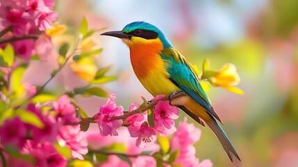 A vibrant bird with bright blue, orange, and yellow feathers is perched on a branch adorned with pink flowers. Its sharp black eye and slender beak give it an elegant appearance. The soft, blurred 