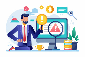 Incident management, root cause analysis or solving problem, identify risk or critical failure concept, businessman with magnifier monitor and investigate incident with exclamation attention sign. See