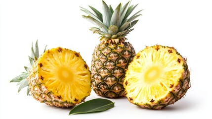 Isolated pineapple and half with leaf. Pineapple fruit on white background with clipping path