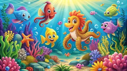 Obraz premium Colorful cartoon sea creatures, including a smiling octopus, happy fish, and playful seahorse, swim together in a vibrant underwater scene filled with seaweed and coral.