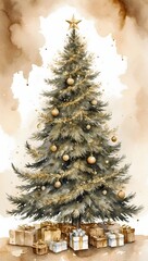 Aquarell - Geschmückter Weihnachtsbaum - sepia