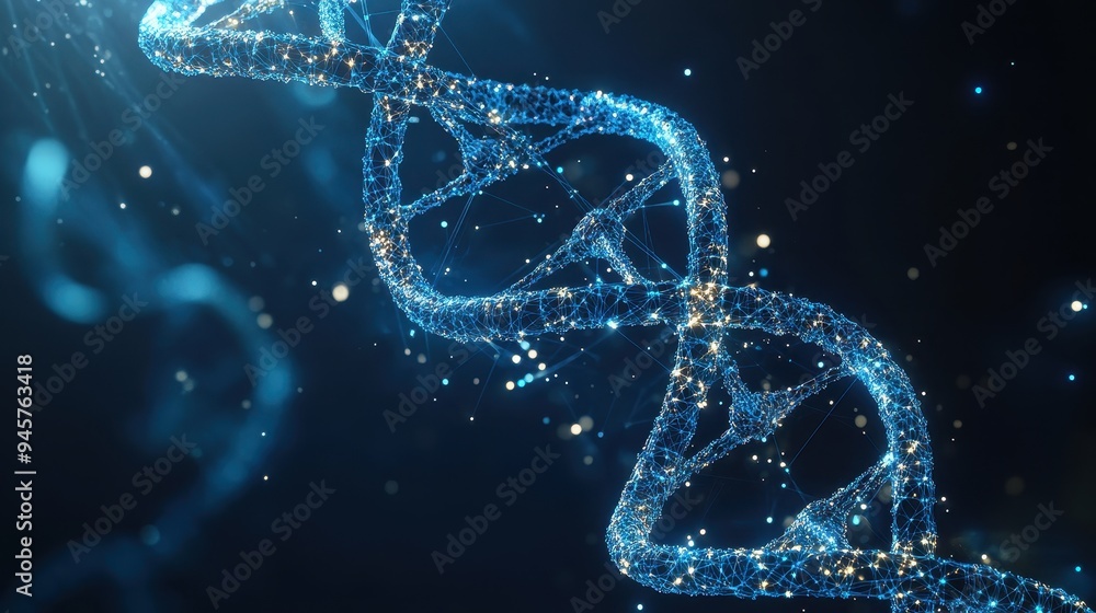 Poster abstract dna double helix structure with glowing blue and yellow particles - science and technology 