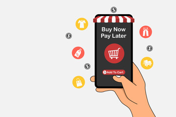 Hand holding a smartphone for online shopping with payment later. Buy now pay later online shopping concept. Vector illustration.