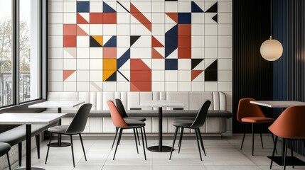 A cozy cafe with a tile wall featuring a mix of vintage and modern patterned tiles in neutral tones