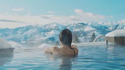 A person enjoys a tranquil soak in an outdoor heated pool with breathtaking snow-covered mountains and blue skies in the background.