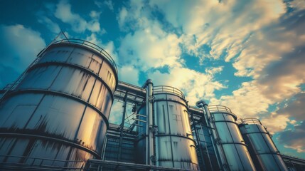 Industrial tanks glisten under a vibrant sky, showcasing modern engineering against a backdrop of scattered clouds.