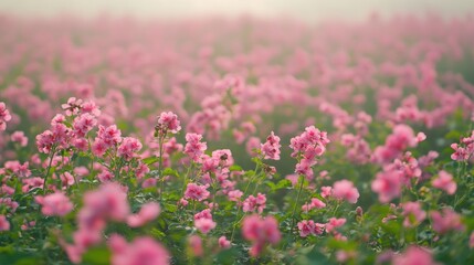 Obraz premium A field of pink flowers and green leaves, stretching out as far as the eye can see, creating a sense of peace and tranquility,