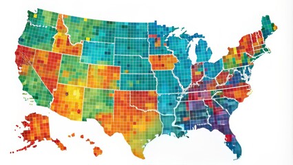 Obraz premium Colorful data map of the United States, featuring varying shades and patterns, illustrating statistical information and geographical distribution across the country.
