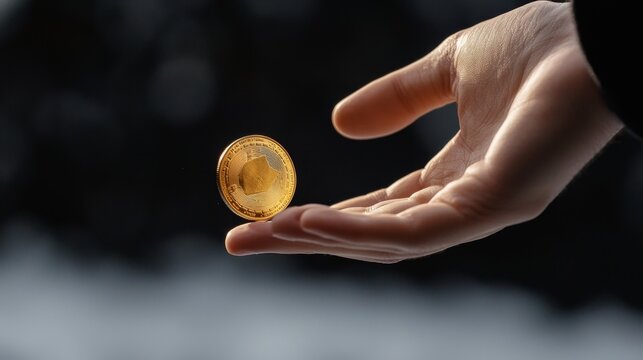 A hand tossing a coin, frozen in mid-air as it flips
