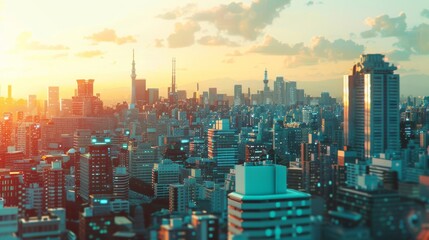 Obraz premium A sprawling cityscape bathed in the warm glow of sunset, with skyscrapers and towers stretching toward the sky.