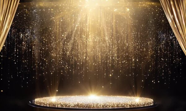 A glamorous award party stage with a golden backdrop, sparkling glitter animations, and shimmering lights.