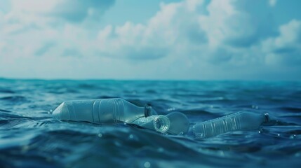 Fototapeta premium Plastic bottles floating on the ocean surface, highlighting the problem of marine pollution under a partly cloudy sky.
