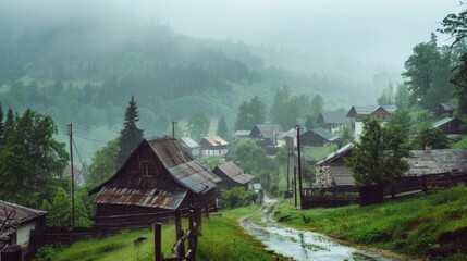 Obraz premium Misty morning in a tranquil mountain village, with wooden houses and green surroundings shrouded in serene fog, creating a peaceful and picturesque scene.