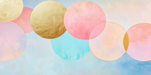 Geometric background of pastel colors of circles, soft pink and blue, patterned to form a grid of golden section. The background is a gradient, gold leaf inserts, imitation of oil colors