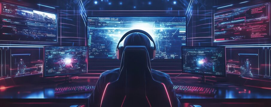 Futuristic gaming setup with multiple screens, glowing lights, and a focused player wearing a headset for an immersive experience.