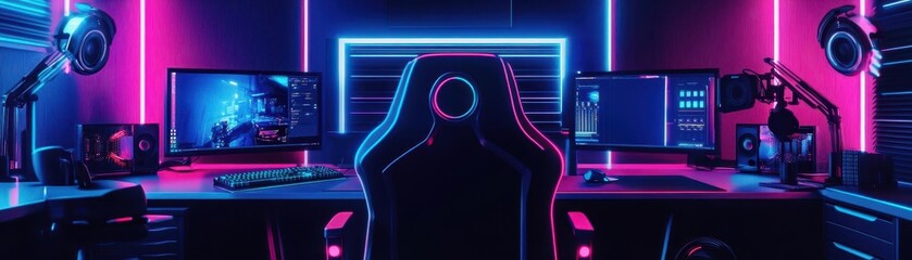 Fototapeta premium Modern gaming setup with dual monitors, colorful LED lights, and ergonomic chair. Ideal for gamers and tech enthusiasts.