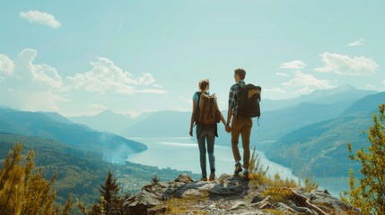 Fototapeta premium Couple standing on a cliff, holding hands, overlooking a stunning lake and mountains under a clear sky, capturing a moment of togetherness and awe in nature.