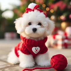 white maltipoo, playing in the garden wearing red crochet wool blur background, christmas theme