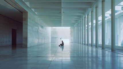 Fototapeta premium A lone figure sits in the middle of a vast, minimalist corridor flooded with natural light, creating a sense of solitude and reflection.