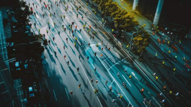 A dynamic aerial view captures a crowded urban marathon, vibrant shadows stretching across the bustling streets, creating an energetic and colorful scene.