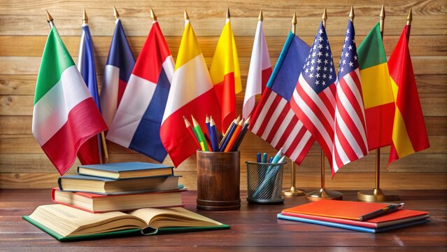 Colorful language flags, dictionaries, and pens on a wooden desk, blending English and Spanish cultures for a harmonious learning environment.