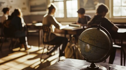 Backlit classroom scene, students focus on assignments, soft sunlight illuminates globe in the foreground.