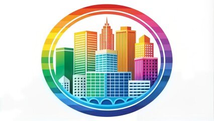 Colorful modern city logo emblem with stylized architecture silhouette, circular shape, and vibrant colors, representing urban identity, community, and municipal pride.