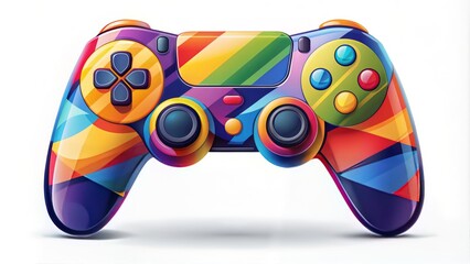 Colorful modern console gaming icon featuring a stylized controller with vibrant shapes and bold lines on a clean white background, symbolizing entertainment and fun.