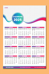 2025 One page wall calendar design template, 12 month one page modern calendar 