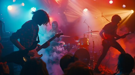 Obraz premium Vibrant live rock performance, smoky stage, colorful lights, band playing with energy and passion.