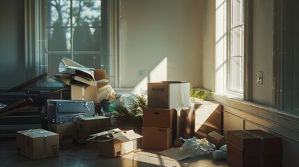 Sunlight filters through a window onto a pile of moving boxes and packing materials, suggesting the beginnings of a new home journey.