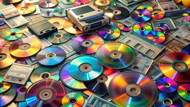 Colorful scattered CDs, vinyl records, cassette tapes, and music players surrounded by newspapers, magazines, and film reels, blending classic and modern media forms.