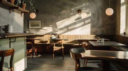 A warmly lit caf&eacute; with vintage furniture and green plants, offering a cozy and comfortable atmosphere for its patrons.