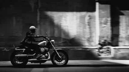 Naklejka na ściany i meble A silhouette of a lone biker riding a motorcycle on a shadowy street, evoking a sense of adventure and mystery.