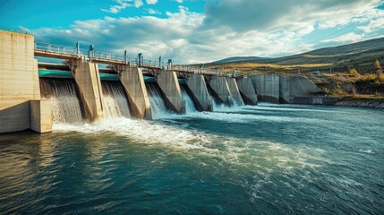 A hydroelectric dam with water cascading down, showcasing the power of renewable energy sources.