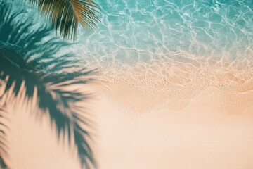 empty abstract sand beach with palm leaf shadow and transparent water wave from above, blank background banner for travel, vacation and wellbeing with copy space ,  ai