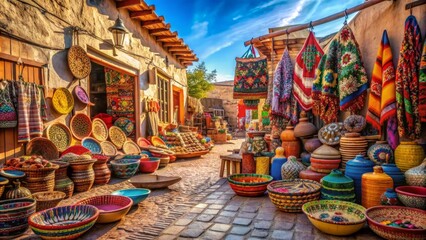 Fototapeta premium Colorful textiles, vibrant pottery, and woven baskets fill a traditional marketplace, capturing the rich essence of a thriving cultural heritage in a warm, sunlit atmosphere.