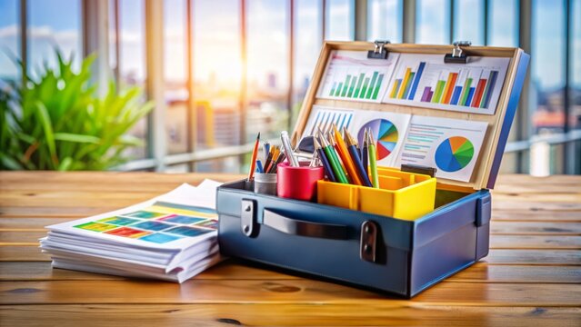 Colorful toolbox filled with various sales and marketing tools, including charts, graphs, pens, and papers, arranged on a wooden desk with a blurred background.