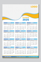 2025 One page wall calendar design template, 12 month one page modern calendar 
