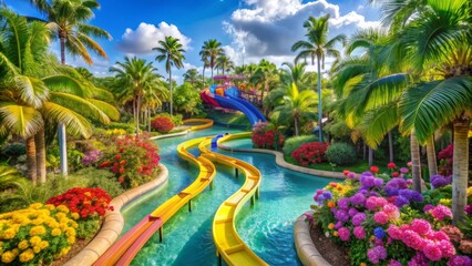 Colorful twisting water slides and lazy river wind through a sunny tropical waterpark surrounded by lush green palm trees and vibrant flowers.