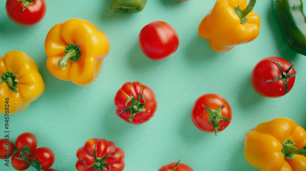 Canvas Prints A top view of assorted tomatoes and bell peppers, both yellow and red, on a light green background.