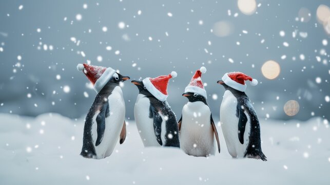 Four penguins wearing Santa hats huddle together in a snowy scene under falling snowflakes, evoking a festive holiday spirit.