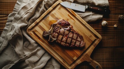 A perfectly grilled steak with a beautiful sear sits on a wooden cutting board, reflecting culinary excellence and delicious elegance, ready to be savored.