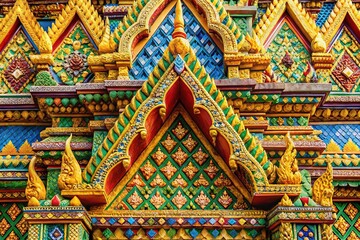 Obraz premium VibrantThai-inspired geometric patterns adorn ornate temples, intricate carvings, and colorful textiles, blending traditional motifs with modern flair in a stunning visual mashup of culture and art.